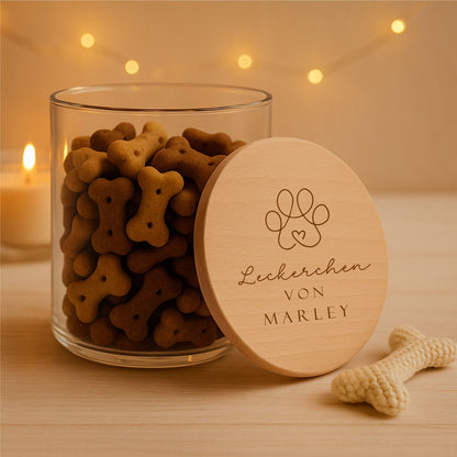 Leckerliglas Leckerchenglas für Hunde mit Wunschtext / Wunschgravur Pfote mit Herz
