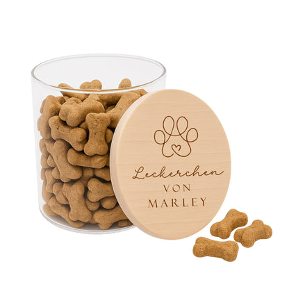 Leckerliglas Leckerchenglas für Hunde mit Wunschtext / Wunschgravur Pfote mit Herz
